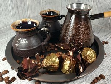 Кавовий набір №5- турка (на вибір), піднос, кава 250 гр, 2 чашки 150 мл 4042 фото