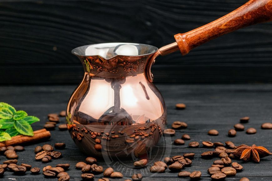Подарунковий набір № 4047-33-3, турка 1 порція кави, товста мідь 1.5 мм, золота, чорна коробка, кава 250 гр, зерно 4047-33-3 фото