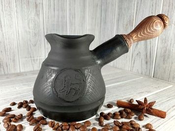 Турка джезва Говареччина керамічна чорнодимлена з дерев'яною ручкою 600 мл 2300-1 фото
