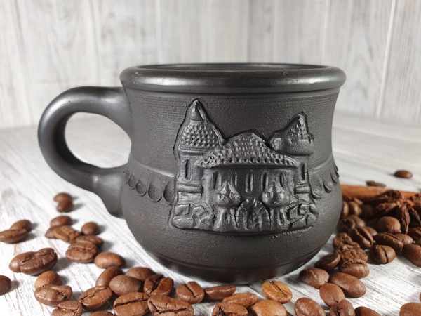 Чашка ручной работы чернодымленая глиняная "Замок" 180 мл 3110 фото