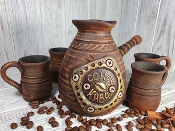 Кофейный набор - турка красная глина "COFFEE КАВА" 600 мл с 4 чашками 75 мл + рассекатель 2360 фото